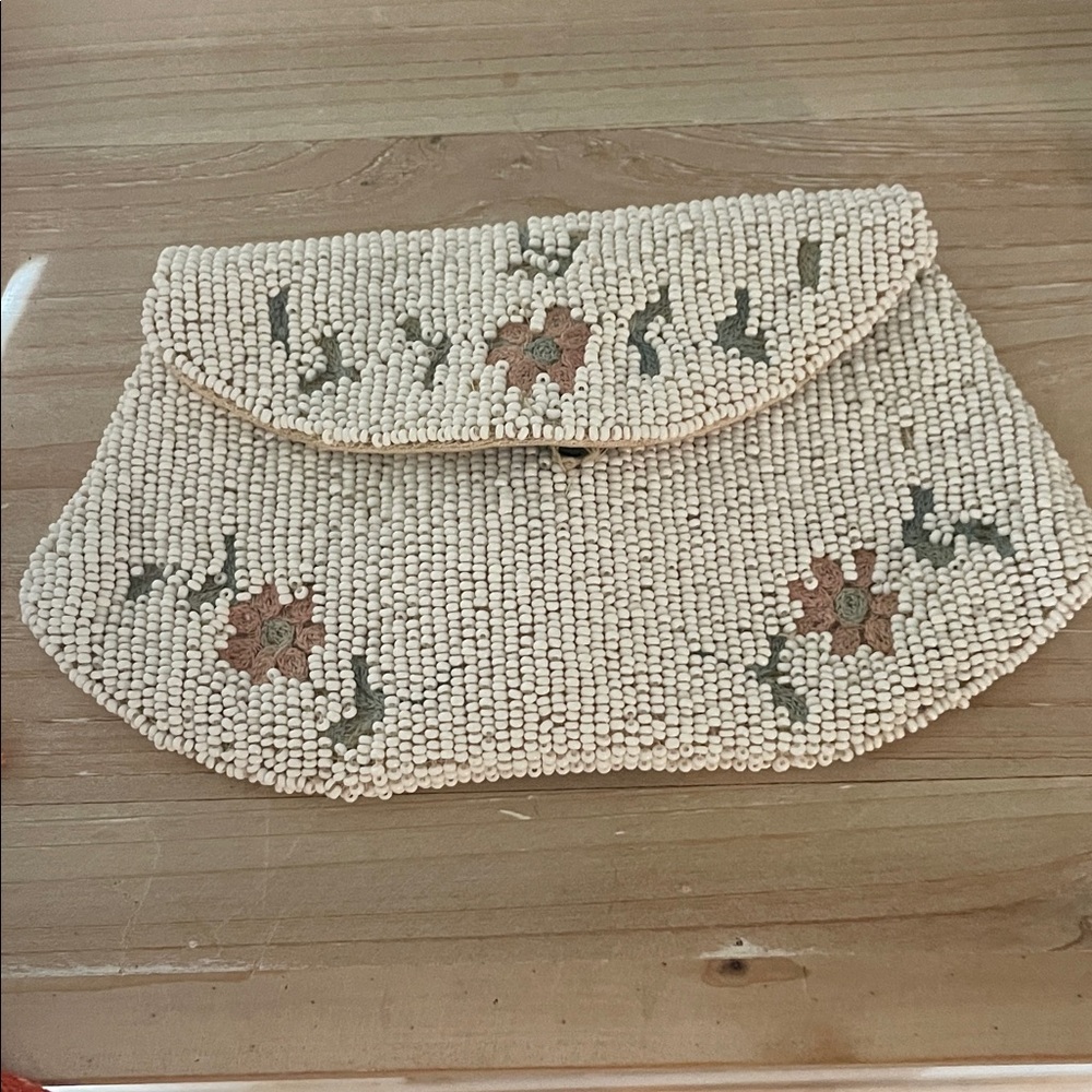 Vintage Hand-Beaded Cream Floral Envelope Clutch